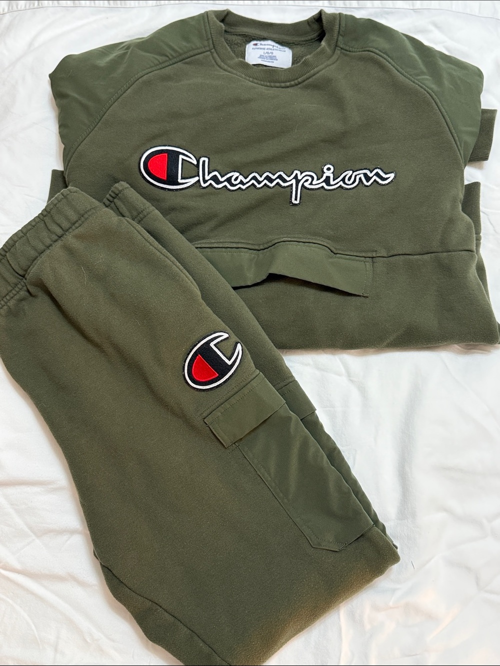 Champion Olive Crewneck Sweatshirt with Red Logo and matching Joggers/sweats